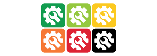 Six icônes de clé et engrenage dans des carrés de couleurs différentes