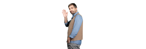 Personne levant la main en portant un gilet sans manches et une chemise