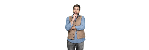Personne debout en gilet sans manches et chemise, la main posée contre le visage dans une posture réfléchie