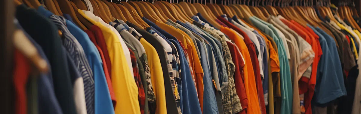 Portant des vêtements colorés sur cintres alignés dans un rayon de prêt‑à‑porter