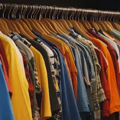 Portant des vêtements colorés sur cintres alignés dans un rayon de prêt‑à‑porter