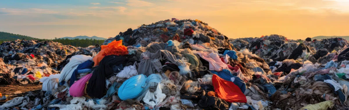 Tas de vêtements jetés entassés sur une décharge à ciel ouvert au coucher du soleil
