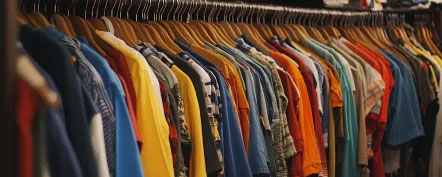 Portant des vêtements colorés sur cintres alignés dans un rayon de prêt‑à‑porter