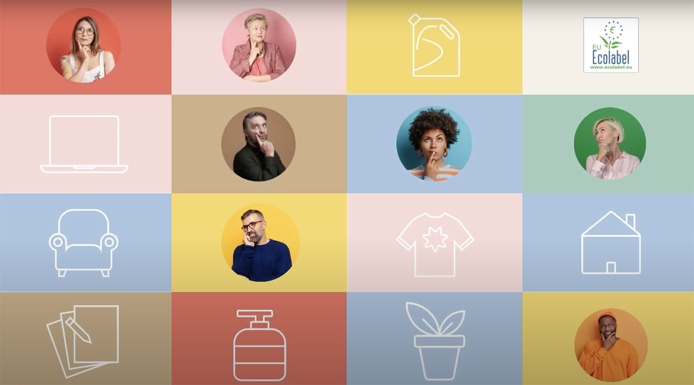 Ensemble de cases colorées regroupant des silhouettes floutées et des pictogrammes représentant différents objets du quotidien avec le logo Ecolabel européen en haut à droite