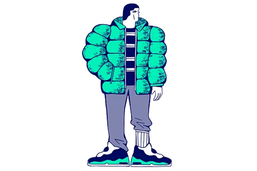 Personne portant une doudoune verte ample avec pantalon large et baskets