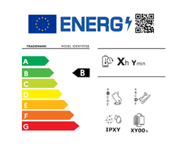 Étiquette énergie européenne avec flèche sur catégorie B et pictogrammes de performance et de consommation