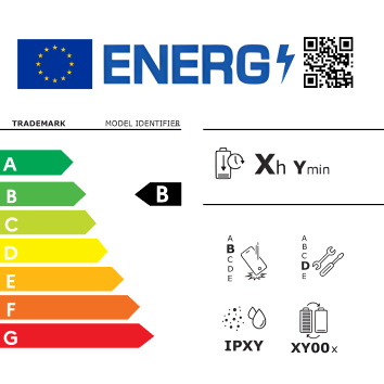 Étiquette énergie européenne classe B avec pictogrammes d’endurance de batterie, réparabilité, résistance et indices de protection