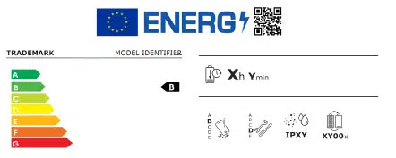 Étiquette énergie européenne avec flèche sur catégorie B et pictogrammes de performance et de consommation
