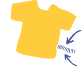 T‑shirt jaune stylisé avec flèches pointant vers une étiquette d’entretien