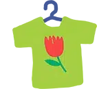 T‑shirt vert stylisé avec une fleur rouge sur cintre bleu