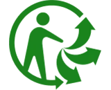 Symbole de tri représentant une personne déposant un déchet dans un bac entouré de flèches de recyclage