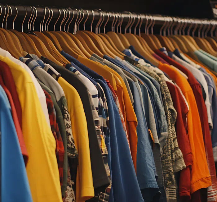 Rangée de vêtements colorés suspendus sur des cintres en bois dans un magasin