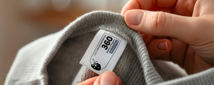 Étiquette d’impact environnemental affichant le score 360 sur un vêtement gris tenu entre deux mains
