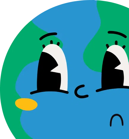 Globe bleu et vert stylisé avec yeux noirs et nez jaune