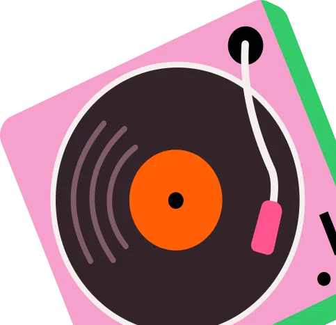 Platine vinyle rose et verte stylisée avec disque noir et centre orange